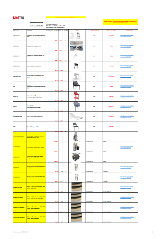Tarifs distributeurs SINOTEC 2026